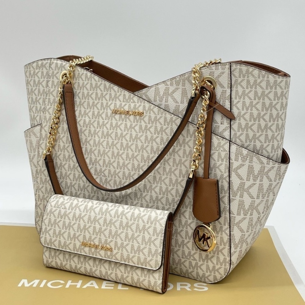 Michael Kors Large X Chain Shoulder Tote Bag & Trifold Wallet Vanilla - Picture 1 of 13